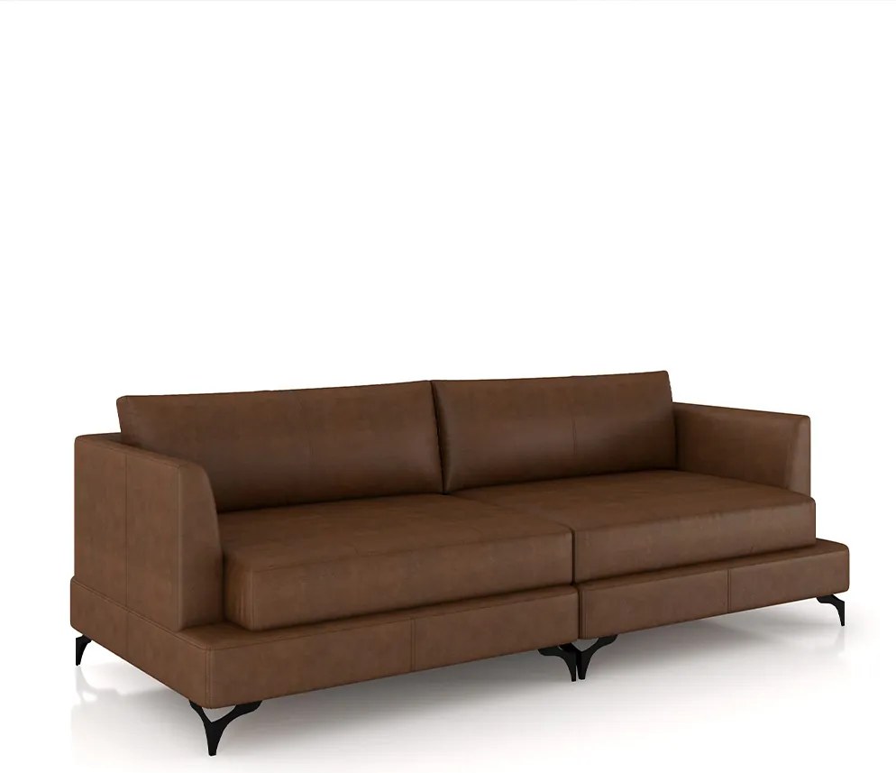 Sofá Living Bipartido 250cm Indonésia Pés de Ferro Couro Caramelo Manchado G52 - Gran Belo