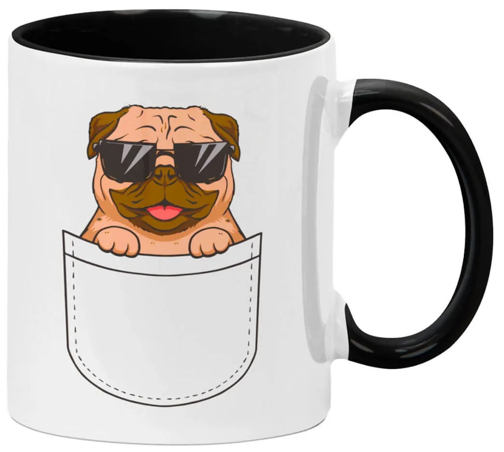 Caneca Cachorro Pug no Bolso Branca com Alça Preta