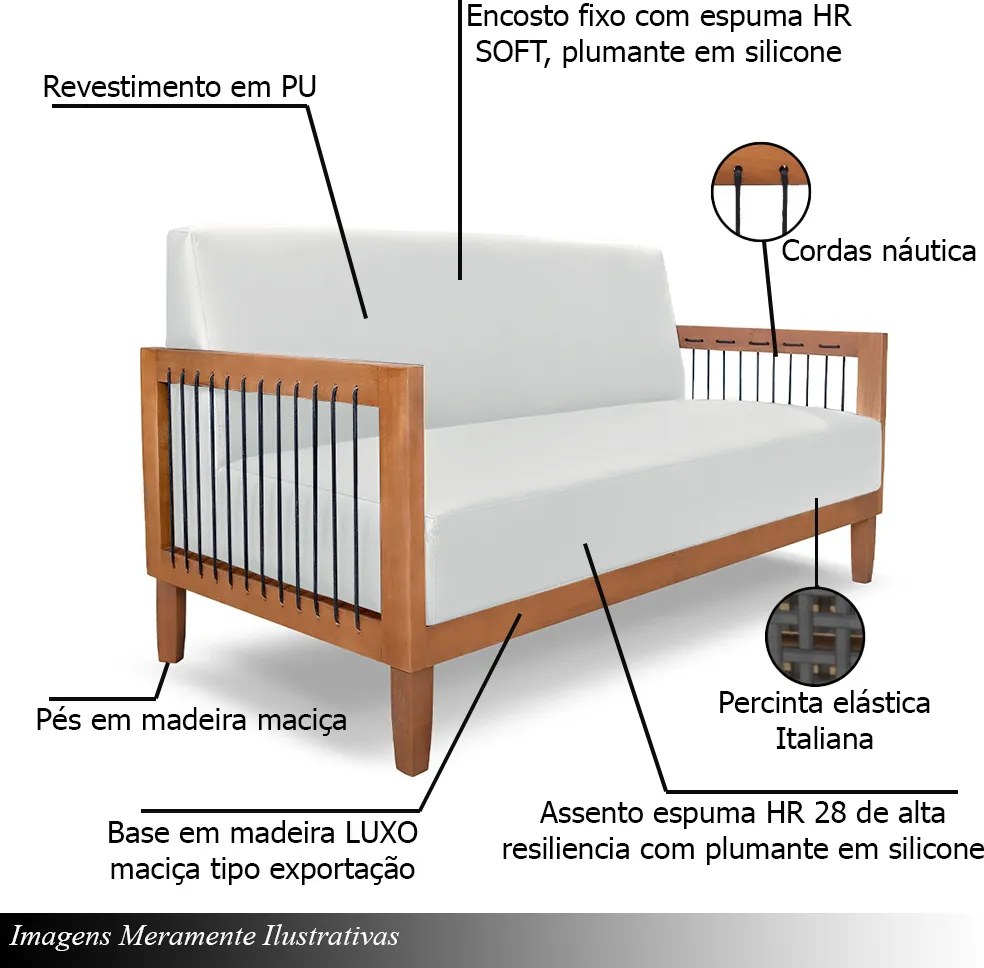 Sofá Namoradeira 2 Lugares Sala de Estar Pés Madeira Maciça Corda Náutica Preta 160cm Manila PU Branco G63 - Gran Belo
