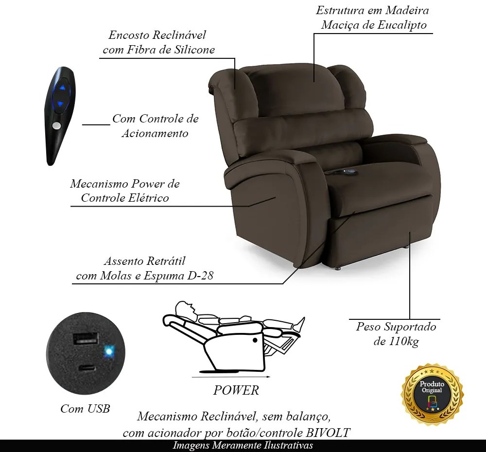 Poltrona do Papai Sala de Cinema Reclinável Kylie Controle Power Elétrico USB PU Marrom G23