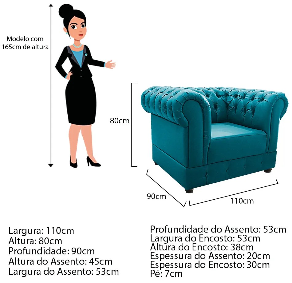 Kit Poltrona e Namoradeira Chesterfield Ana Suede Azul Turquesa - ADJ Decor