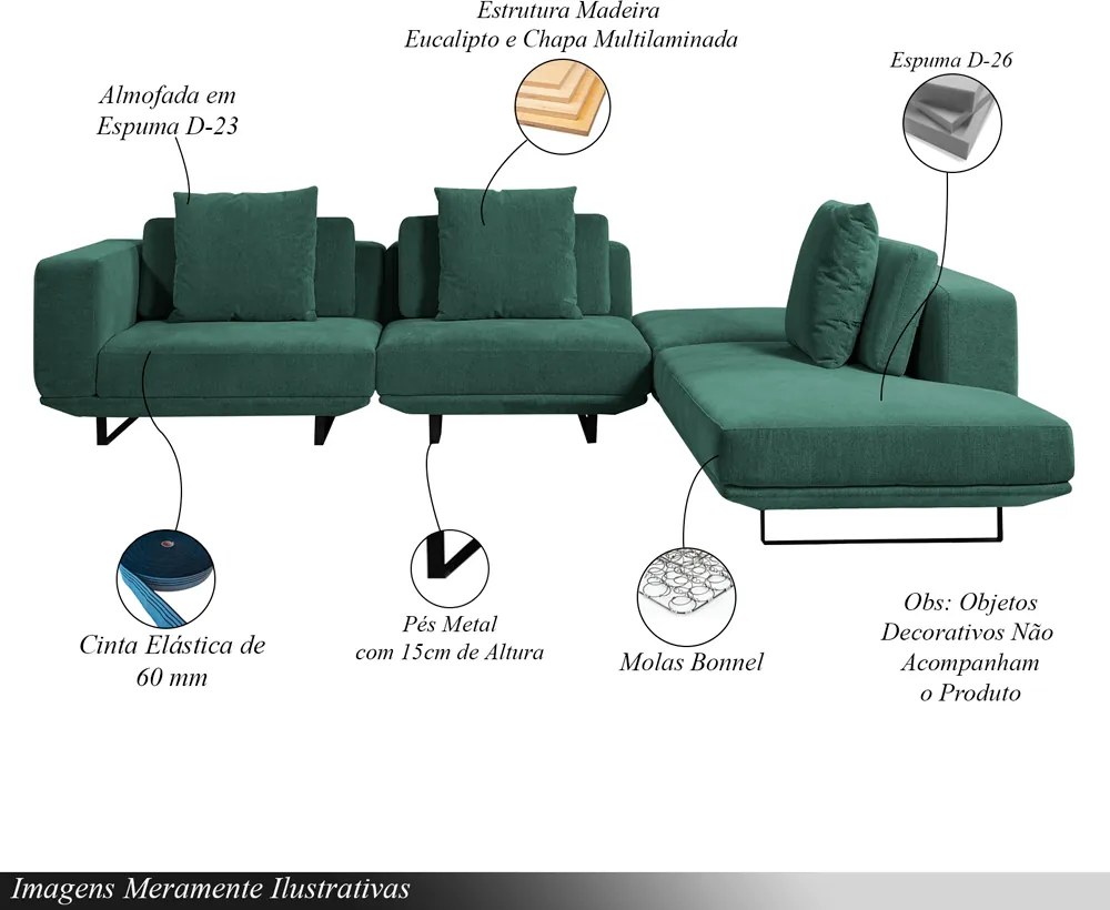Sofá Modulado Sala de Estar Carmen 712cm Pés de Ferro Linho Rústico Azul Aquamarine G92 - Gran Belo