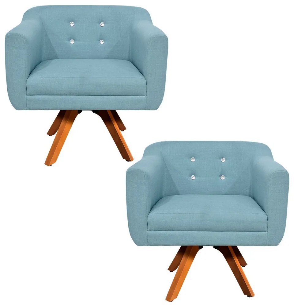 Kit 02 Poltronas Giratória Julia Linho com Strass Base Madeira MM30 D01 - D'Rossi - Azul Nuvem A07