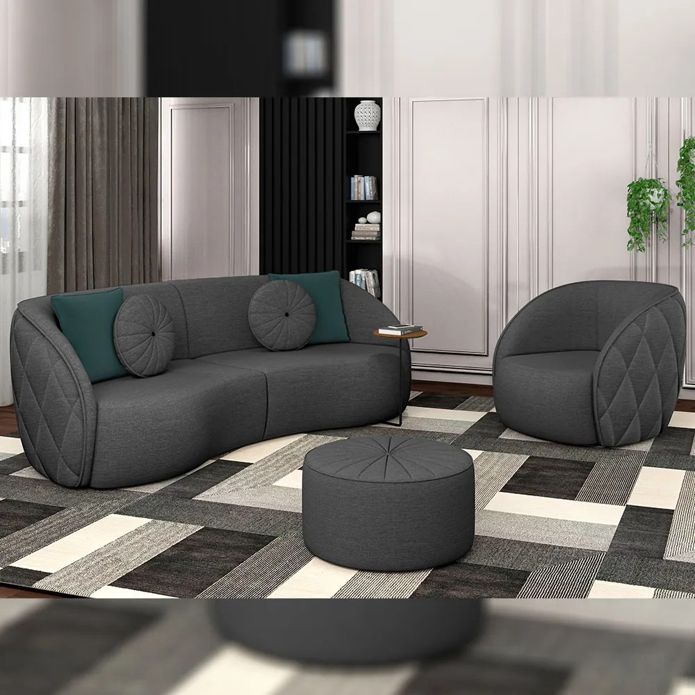 Conjunto Decorativo Sofá 288cm e Poltrona Clarke com Puff Round Linho Chumbo G45 - Gran Belo