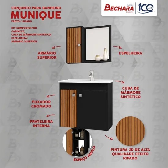 Conjunto Para Banheiro Munique Preto Ripado - Bechara Móveis