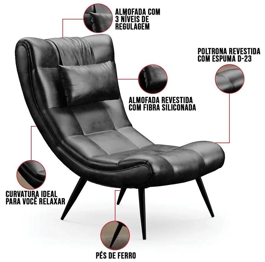 Poltrona Sala Decorativa e 01 Puff Sher Pé Palito Ferro Sintético PU D03 - D'Rossi - Preto