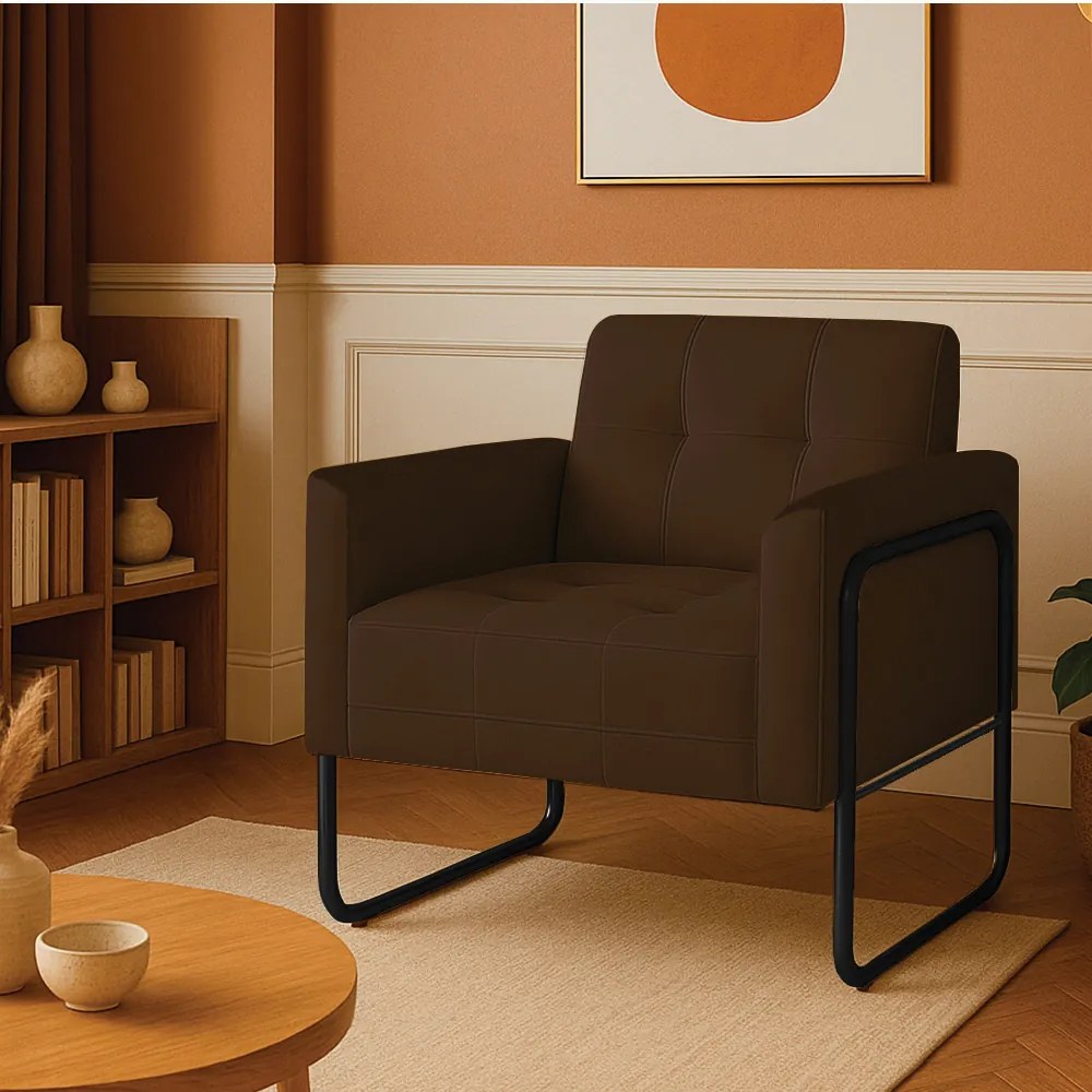 Poltrona Sala Industrial Alta Tubo Preto Elisa Suede D03 - D'Rossi - Marrom