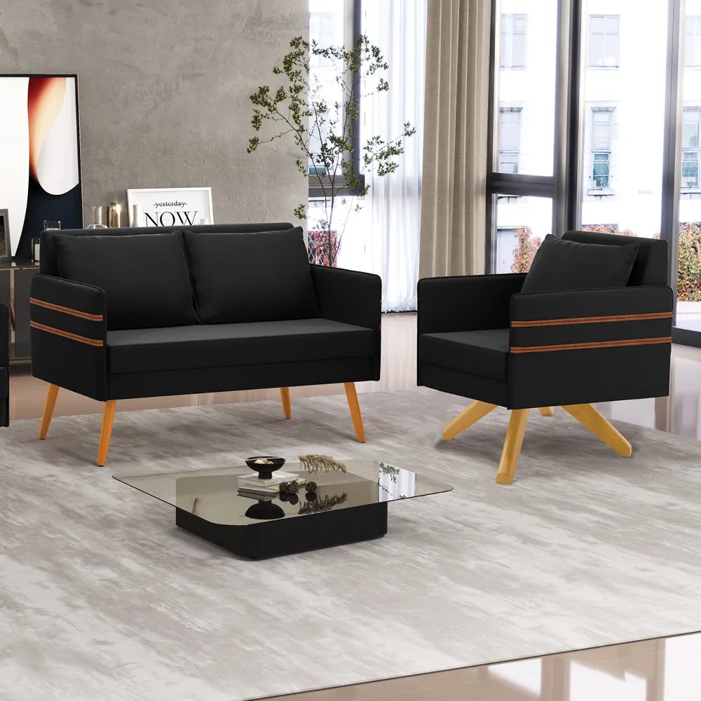 Kit 01 Namoradeira 02 Lugares e 01 Poltrona Mari Suede Base de Madeira MA30 - Preto