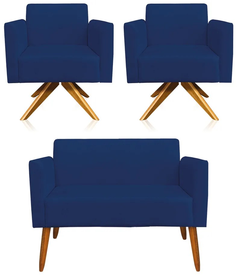 Kit 01 Namoradeira 02 Lugares e 02 Poltronas Marisa Suede Azul Marinho Base Giratória Madeira MA30 D'Rossi