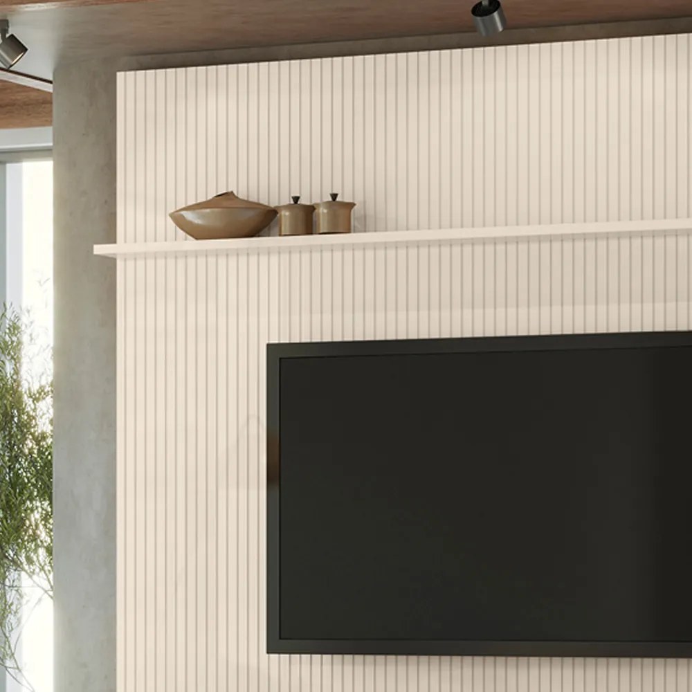 Painel TV 75 Pol 238cm Ripado Kalven com Rack Bancada Nerion M20 - D'Rossi - Naturale(fosco)/Off White(brilho)