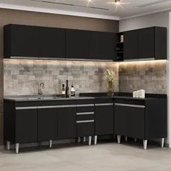 Armário de Cozinha Modulado de Canto 6 Peças CP33 com Pia Inox Preto -