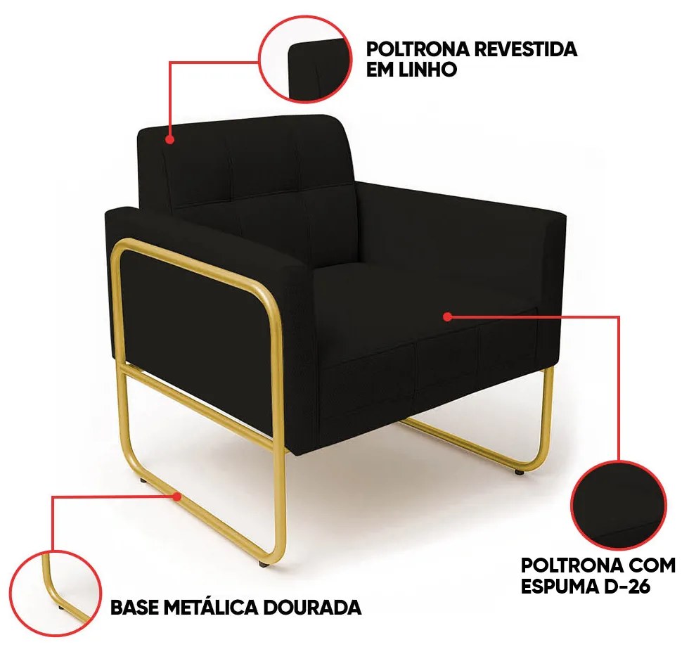 Poltrona Sala Industrial Alta Tubo Dourado Elisa Linho D03 - D'Rossi - Preto