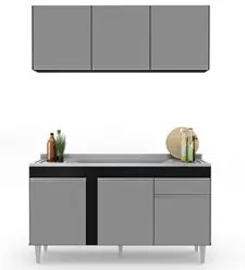 Armário Aéreo Argélia e Balcão Gabinete com Pia Inox 150cm Dakota Pret