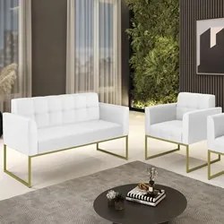 Sofá Namoradeira e 1 Poltrona Base Industrial Dourado Ana Sintético Br