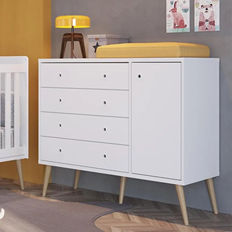 Comoda Infantil Retrô 04 Gavetas 1 Porta Pés Palito - Branco