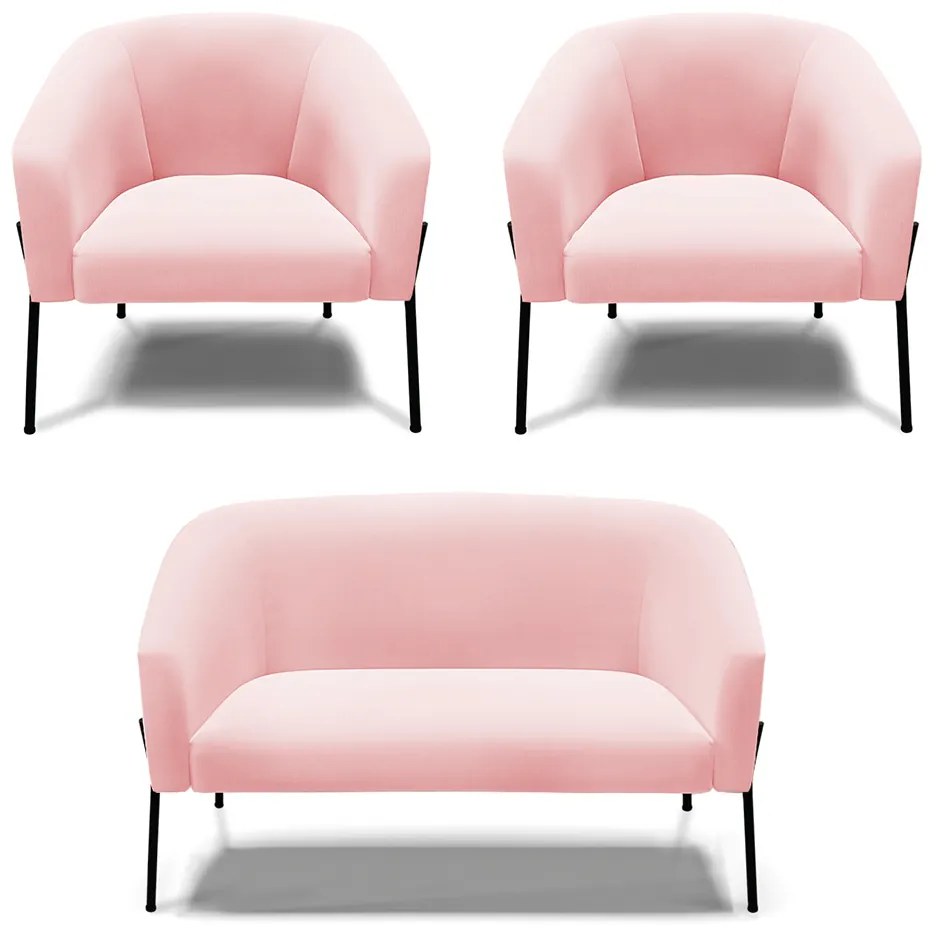 Namoradeira e 2 Poltronas Pé de Ferro Preto Stella Suede D03 - D'Rossi - Rosa Bebê