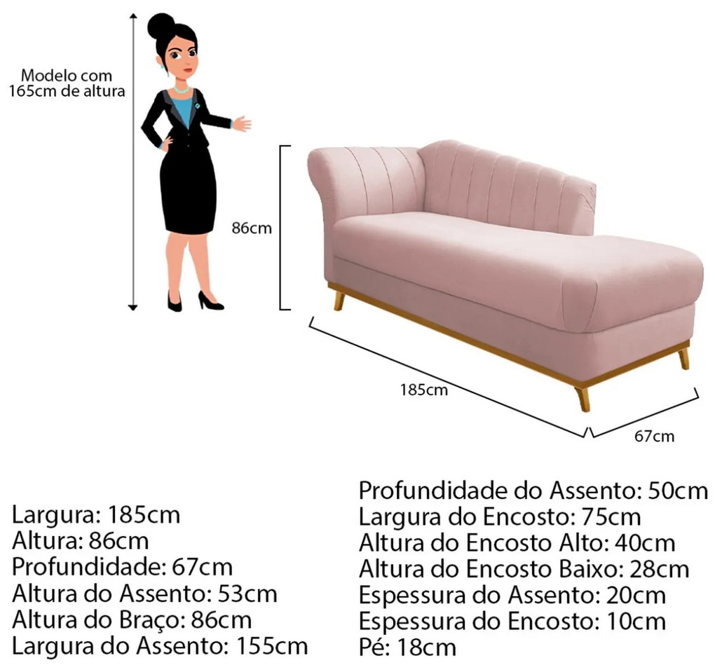 Recamier Vanessa 185cm Lado Direito Suede Rosê - ADJ Decor