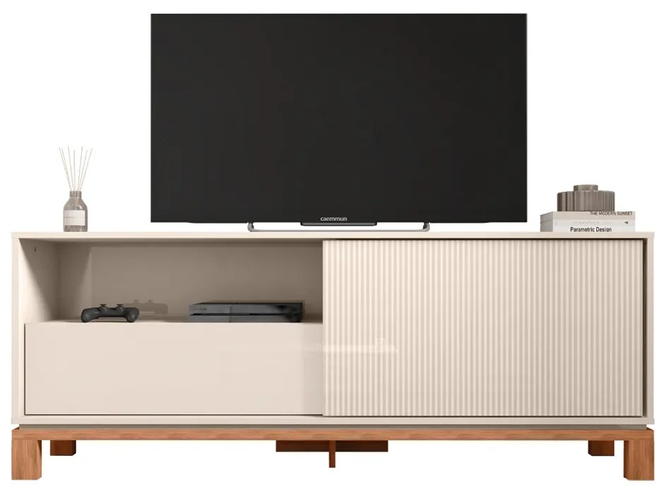 Bancada Átomo 150cm para TV até 55 com Porta de Correr Ripada e Gaveta MDP Off White/Freijo  G11 -  Gran Belo
