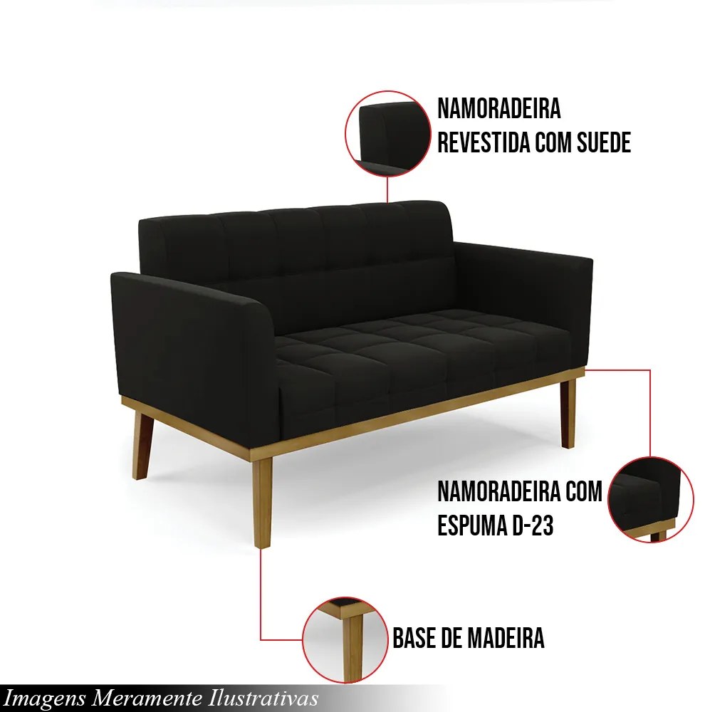 Poltrona Namoradeira Decorativa Karen Pés Fixo em Madeira Castanho Suede Preto G19 - Gran Belo