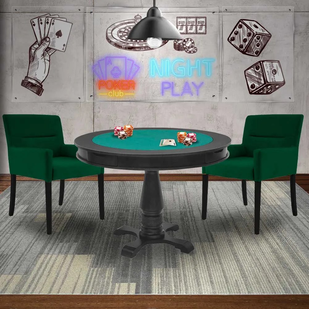 Mesa de Jogos Carteado Victoria Redonda Tampo Reversível Preto com 2 Cadeiras Vicenza Verde G36 G15 - Gran Belo