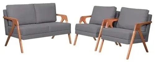 Kit 2 Poltronas + Namoradeira Mona Luxo Madeira Maciça Linho Cinza