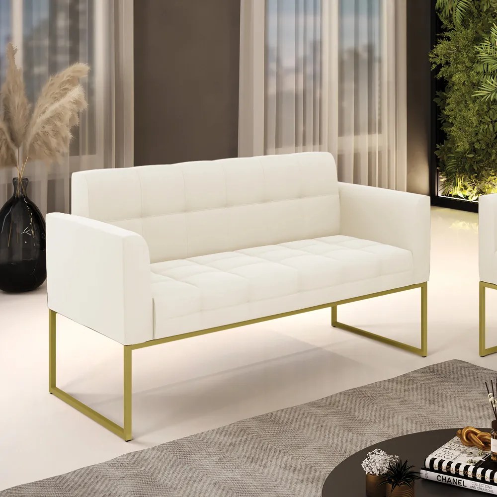 Sofá Namoradeira Elisa Veludo Base Metálica Industrial Dourado - D'Rossi - Bege