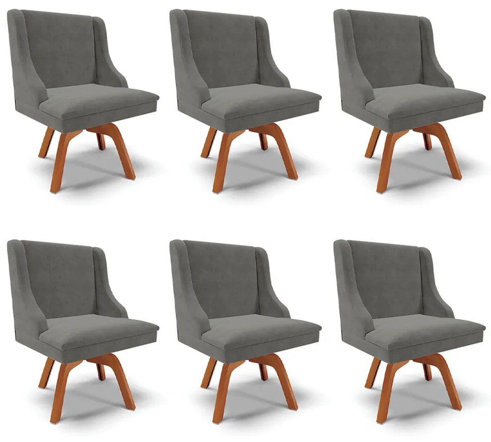 Kit 6 Cadeiras Decorativas Sala de Jantar Base Giratória de Madeira Firenze Suede Grafite/Natural G19 - Gran Belo