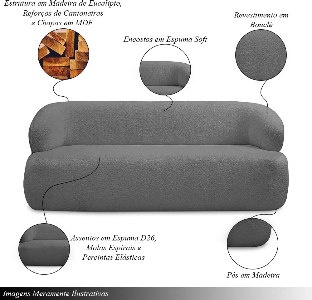 Conjunto Sala de Estar Decorativo Charlote 1 Poltrona Namoradeira 150cm 1 Poltrona Base Giratória em Aço com Puff Bouclê Grafite G88 - Gran Belo