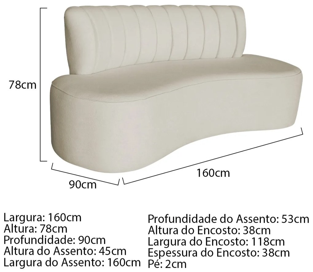 Sofá Curvo 2 Lugares Organico Sala Recepção Escritório Valência 160cm Bouclé