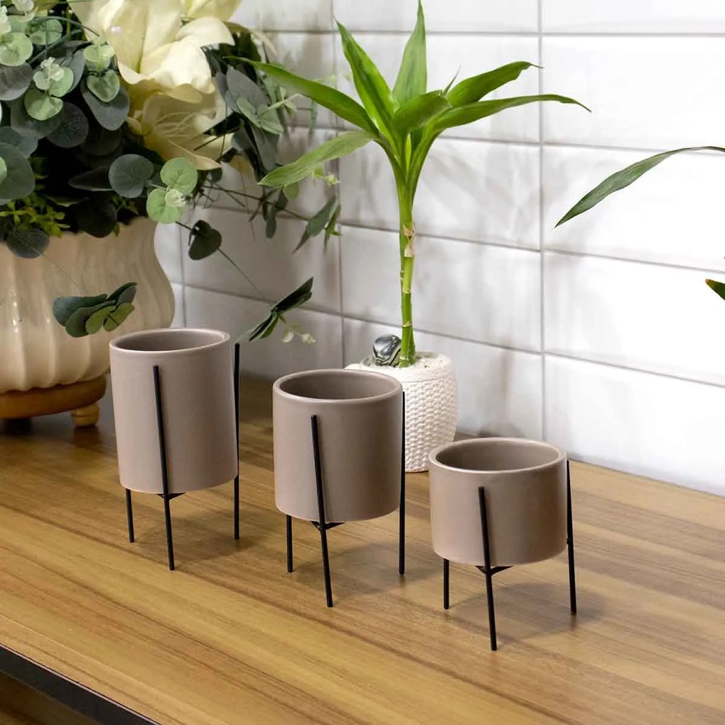 Cachepot Cinza Com Suporte Em Metal m 13x8 cm M02 - D'Rossi