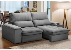 Sofá Retrátil 3 Lugares com Porta Copo 230cm Andes F05 Veludo Cinza -