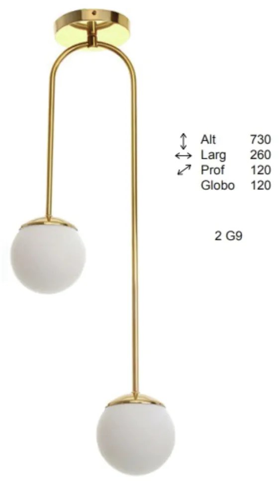 Plafon Oblong Curvo Haste Fixa 12X26X73Cm Globo Ø12Cm 2Xg9 - Old Artis... (PRETO, FOSCO (Branco))