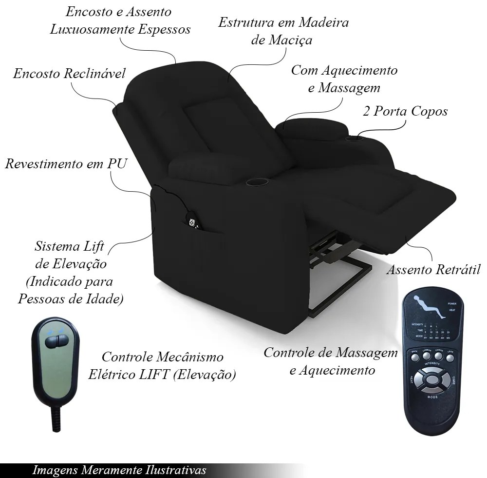 Poltrona do Papai Reclinável Massagem e Aquecimento com Elevação Lift 150° 2 Porta Copos Gambon PU Preto G31 - Gran Belo