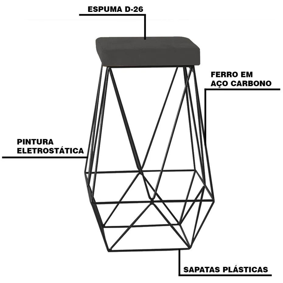 Kit 2 Banqueta Decorativa Kathy Base Preta Suede Cinza G41 - Gran Belo