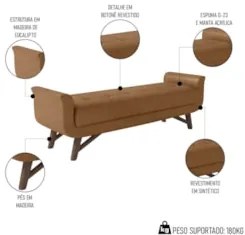 Puff Recamier Calçadeira 195cm Base Madeira Neville Z37 Sintético Cara