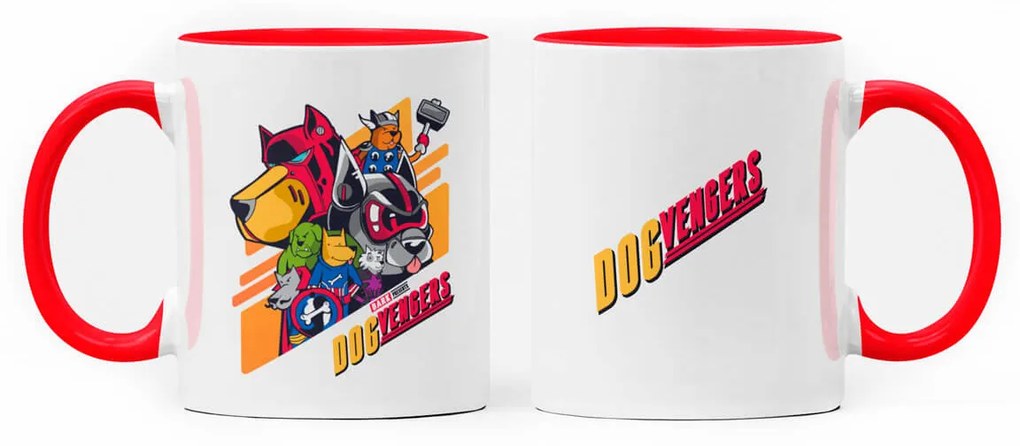 Caneca Dogvenger Vingadogs Vingadores Nerd Branca com Alça Vermelha