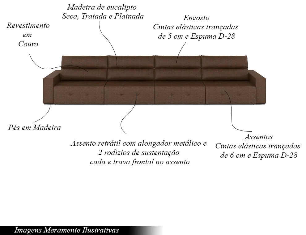 Sofá Retrátil 8 Lugares 524cm 4 Módulos Nero Couro Manchado G52 - Gran Belo