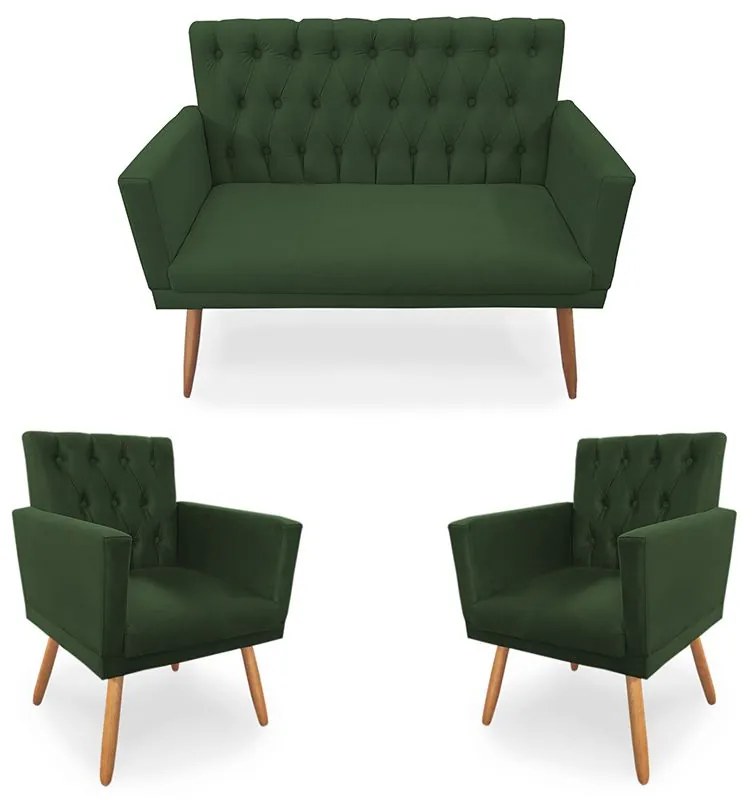 Kit 2 Poltronas 1 Namoradeira Clara Capitonê Pés Palito Suede Verde - Sheep Estofados