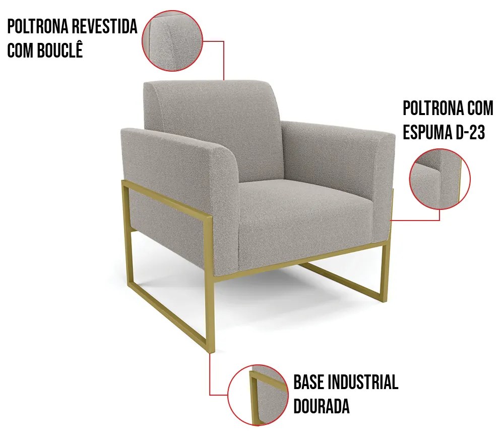 Poltrona Sala Estar Industrial Alta Dourado Kit 2 Marisa Bouclê D03 - D'Rossi - Cinza