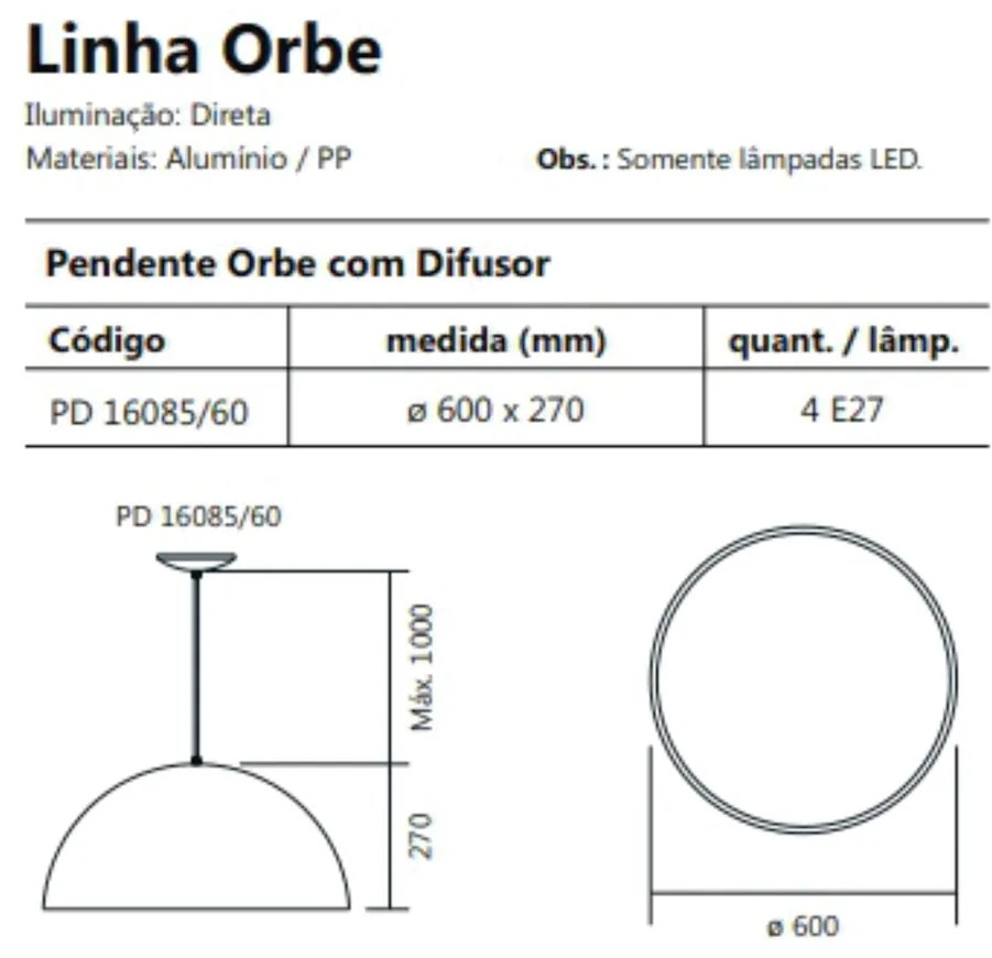 Pendente Orbe C/ Difusor Acrílico Metal Ø60X27Cm 4Xe27 / Meia Esfera |... (FN-F - Fendi Fosco)