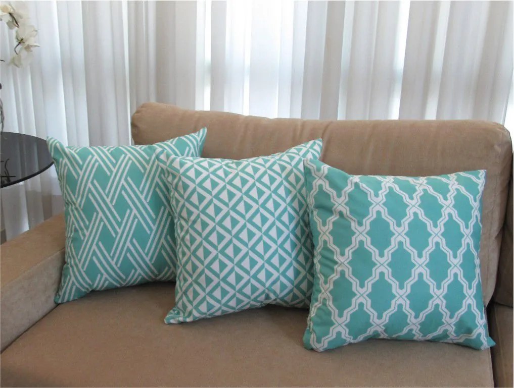 3 Capas para Almofadas Soft Veludo Geométrico Turquesa 43x43cm
