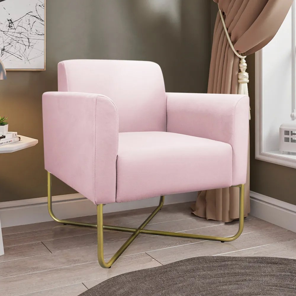 Poltrona Decorativa Isabella Base X Suede Rosa Bebê/Dourado G19 - Gran Belo