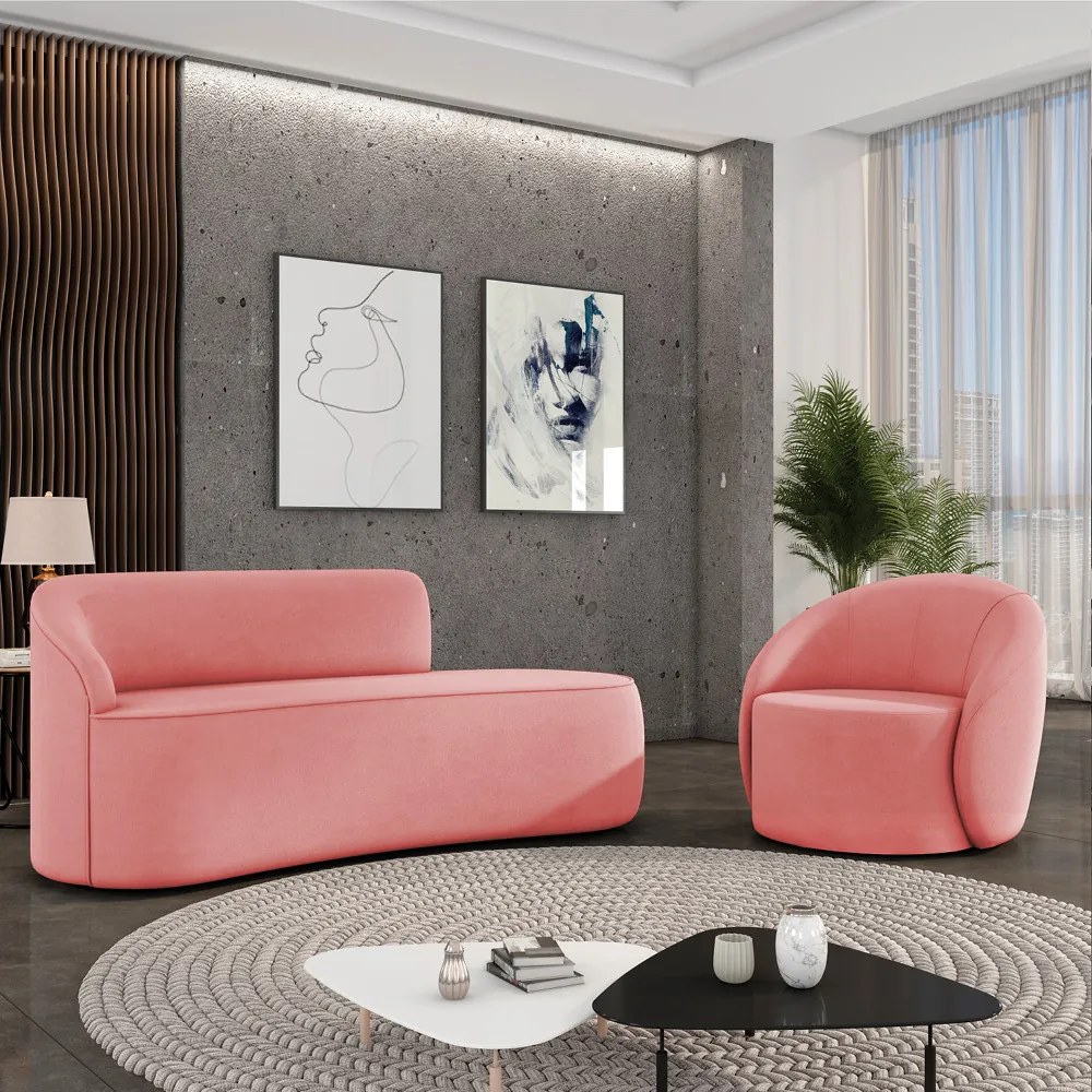 Sofá 2 Lugares Orgânico 140cm Morgan e Poltrona Lua Suede D03 - D'Rossi - Rose