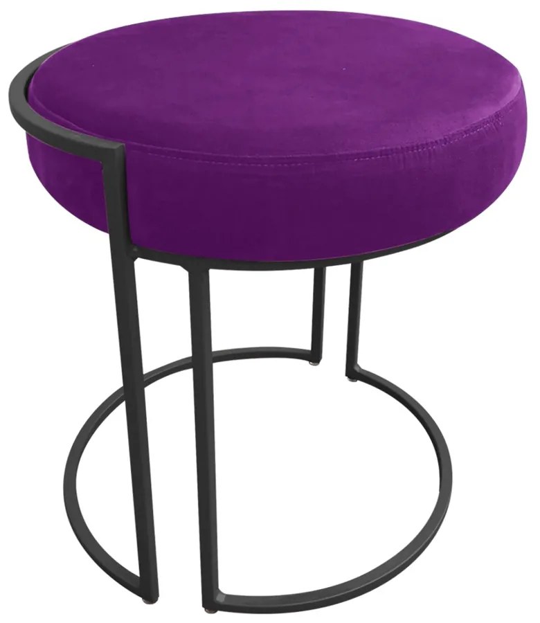 Puff Redondo Base Industrial Preto Kit 2 Love Suede - Roxo