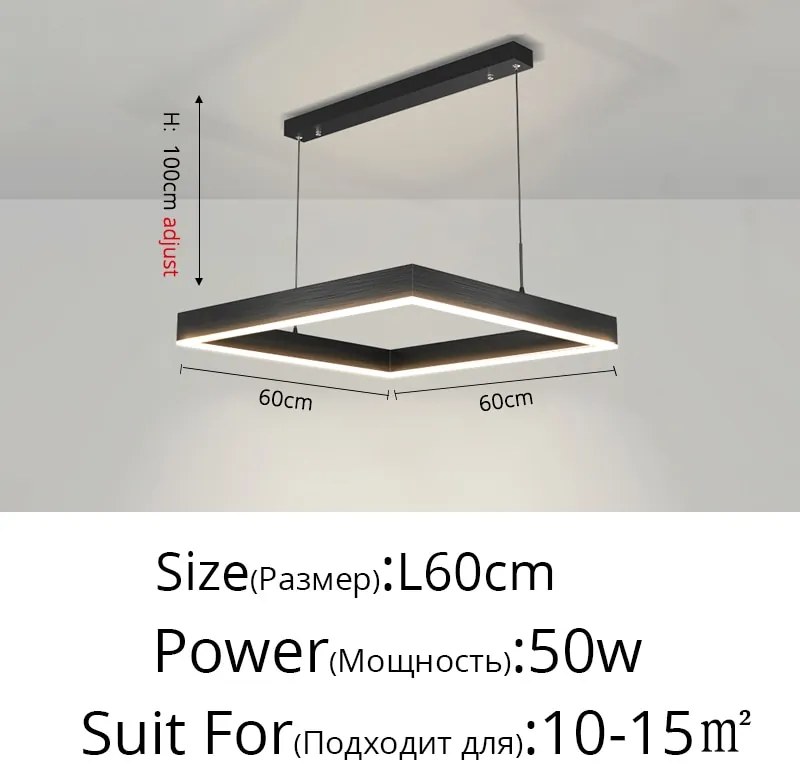 Pendente  Led moderno lustre de teto sala estar concisa pendente lâmpada sala jantar quadrado nordic lâmpadas led teto luzes da sala estar - Black Square 60cm - Brilho regulável