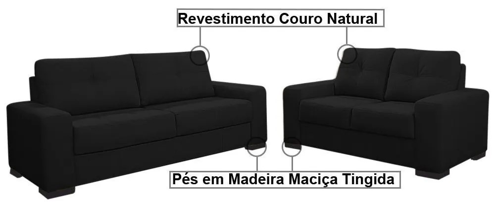 Sofá 2 e 3 Lugares Turim Couro Preto Fosco G58 - Gran Belo