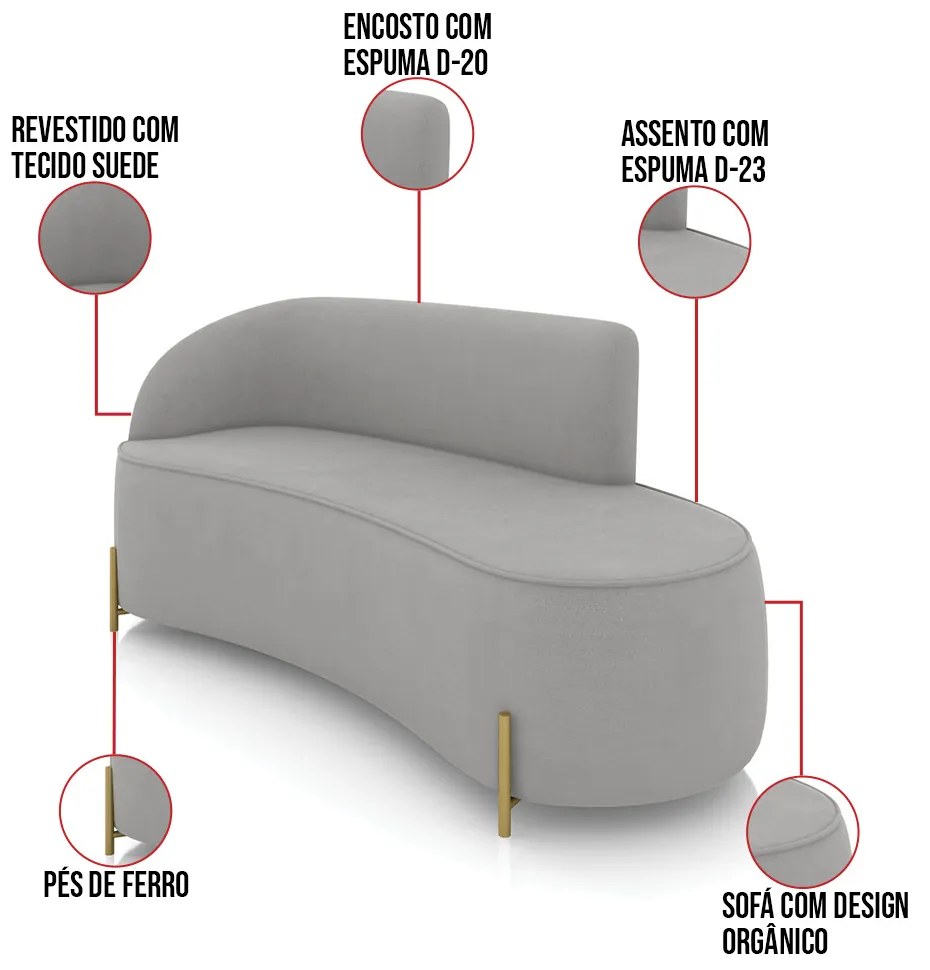 Sofá 3 Lugares Orgânico 180cm Pé Dourado Morgan Suede D03 - D'Rossi - Cinza