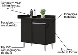 Balcão de Canto Reto com Tampo 1 Porta Denver Preto - Lumil