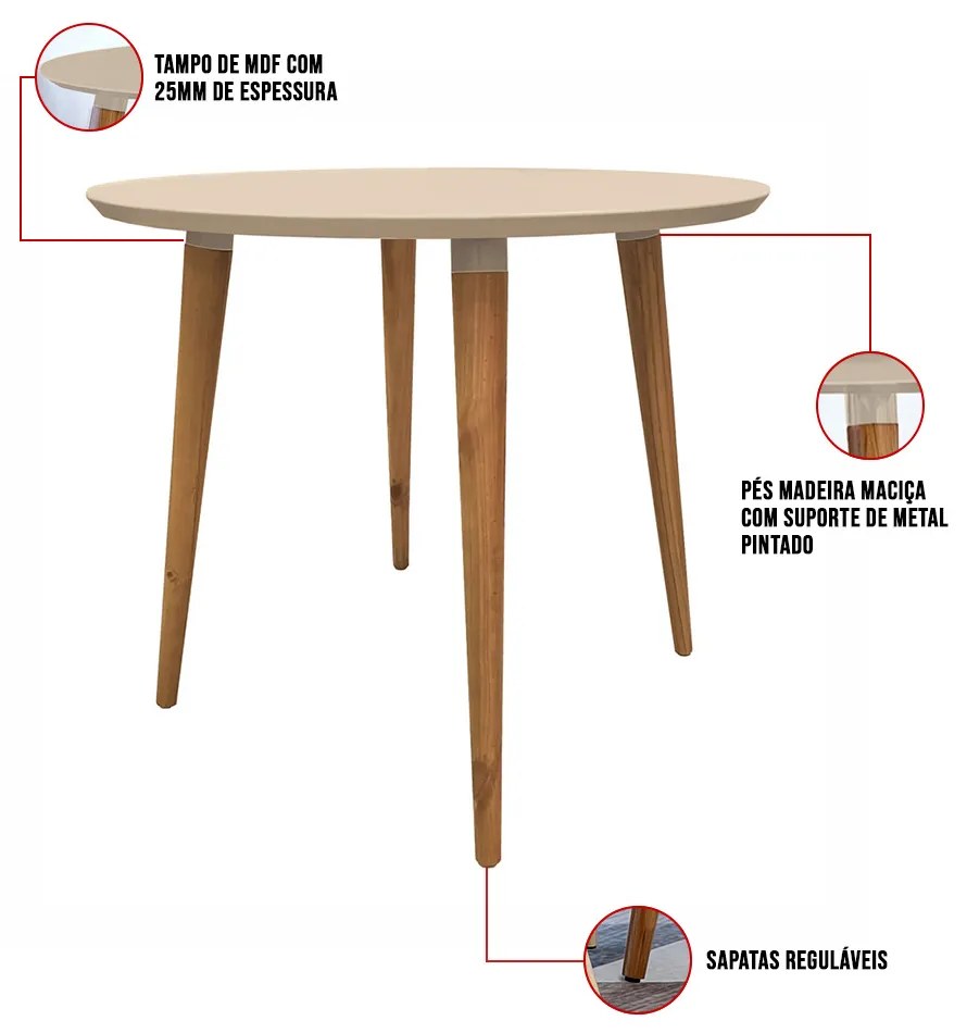 Mesa de Jantar Redonda Ivy 90 cm Off White Pés Retrô Castanho - D'Rossi