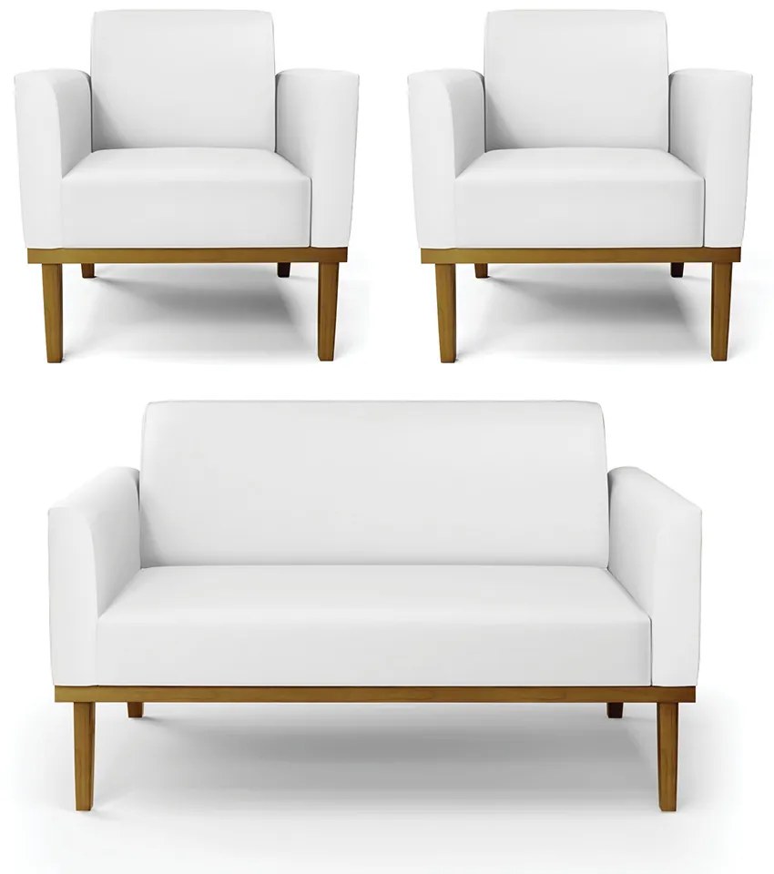 Conjunto 2 Poltronas e 1 Namoradeira Decorativa Isabella Pés Fixo em Madeira Castanho PU Branco G19 - Gran Belo